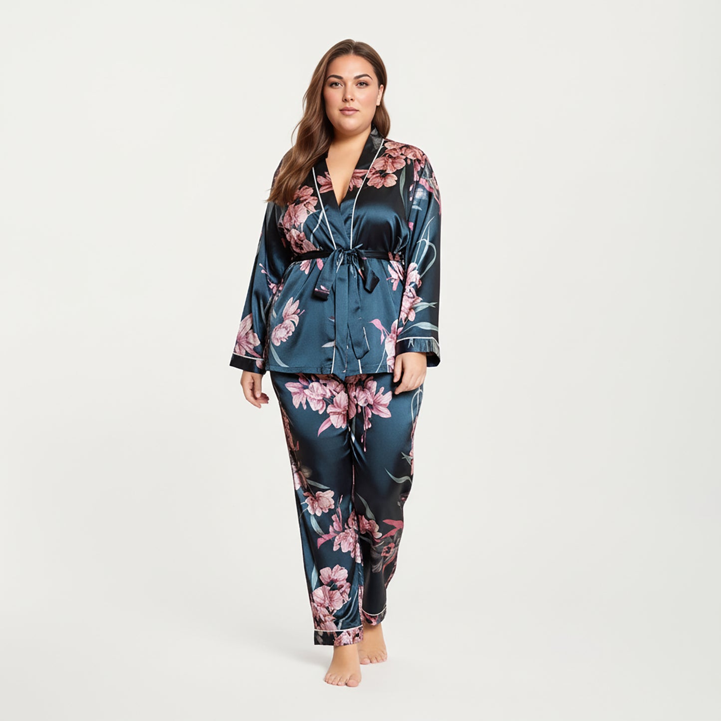 Anna-Kaci Lounge Women's PLus Size Satin Pajama Set with Wrap Front Tie Waist Top and Straight Leg Pants