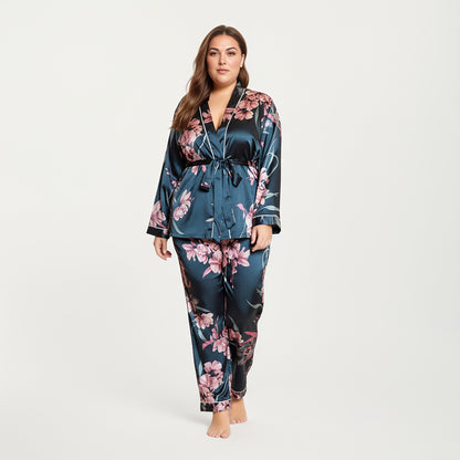Anna-Kaci Lounge Women's PLus Size Satin Pajama Set with Wrap Front Tie Waist Top and Straight Leg Pants
