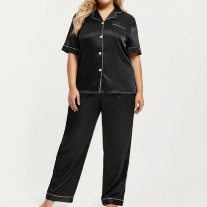 Anna-Kaci Lounge Women's PLus Size Satin Pajama Set with Short Sleeve Button Front Top and Relaxed Straight Leg Pants