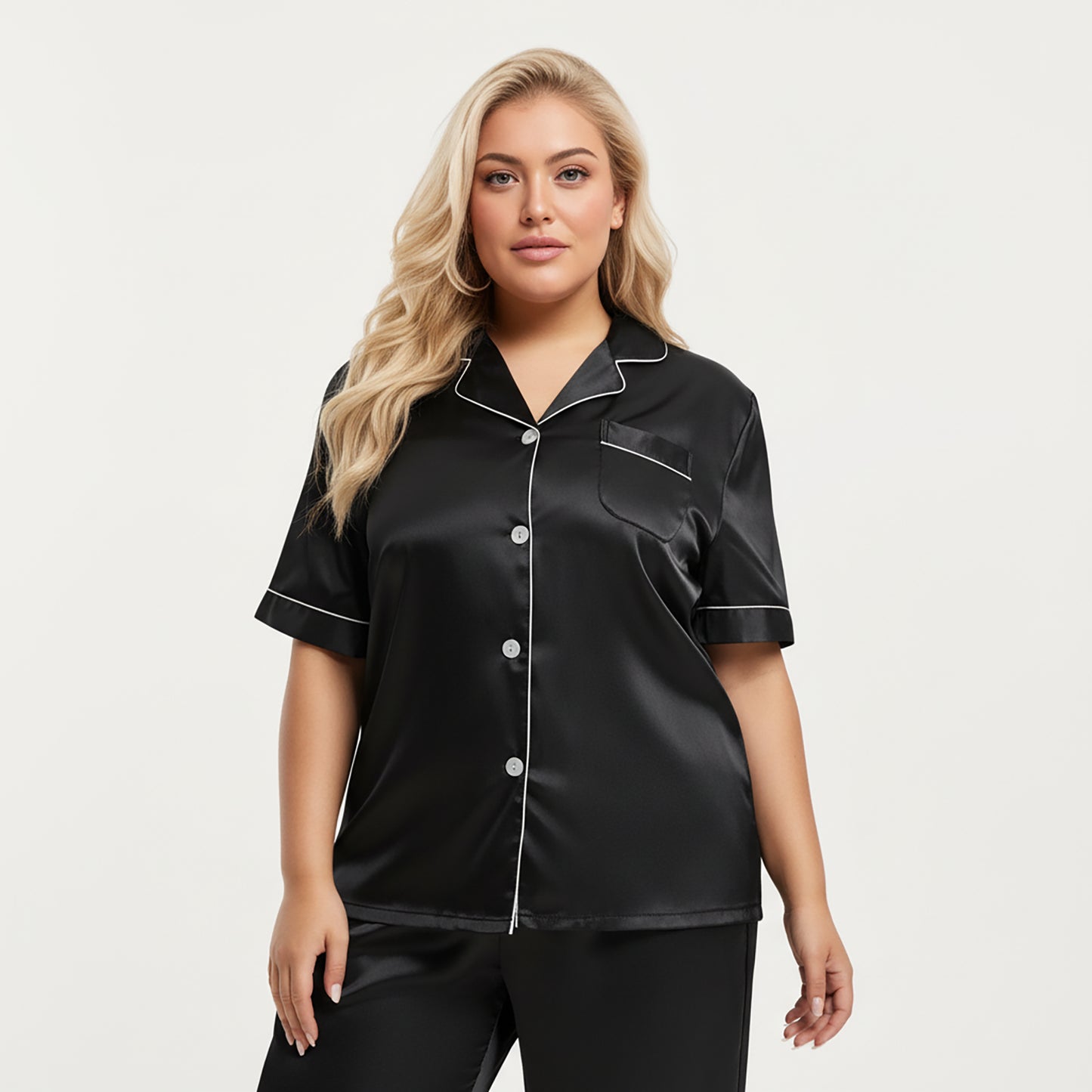 Anna-Kaci Lounge Women's PLus Size Satin Pajama Set with Short Sleeve Button Front Top and Relaxed Straight Leg Pants