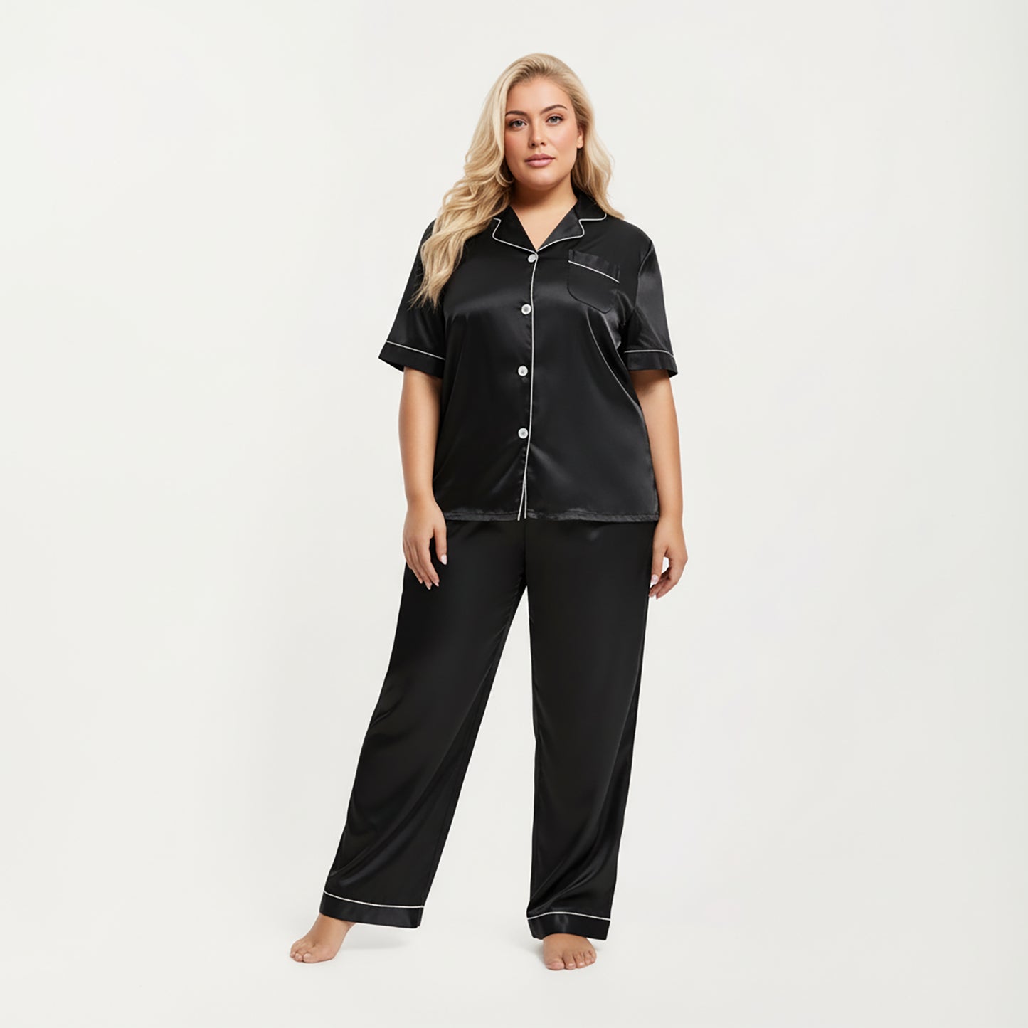 Anna-Kaci Lounge Women's PLus Size Satin Pajama Set with Short Sleeve Button Front Top and Relaxed Straight Leg Pants