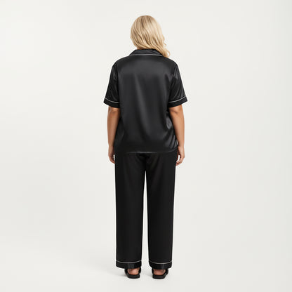 Anna-Kaci Lounge Women's PLus Size Satin Pajama Set with Short Sleeve Button Front Top and Relaxed Straight Leg Pants