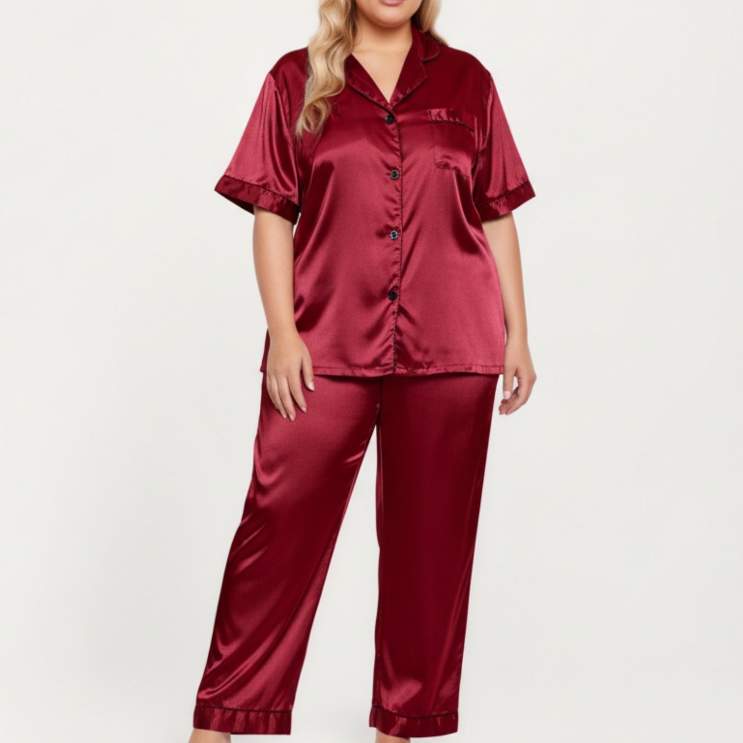 Anna-Kaci Lounge Women's PLus Size Satin Pajama Set with Short Sleeve Button Front Top and Relaxed Straight Leg Pants