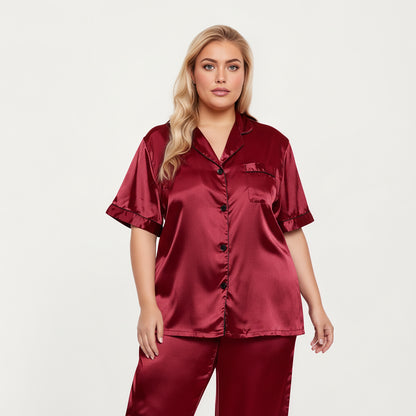 Anna-Kaci Lounge Women's PLus Size Satin Pajama Set with Short Sleeve Button Front Top and Relaxed Straight Leg Pants