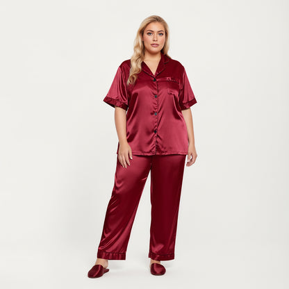 Anna-Kaci Lounge Women's PLus Size Satin Pajama Set with Short Sleeve Button Front Top and Relaxed Straight Leg Pants