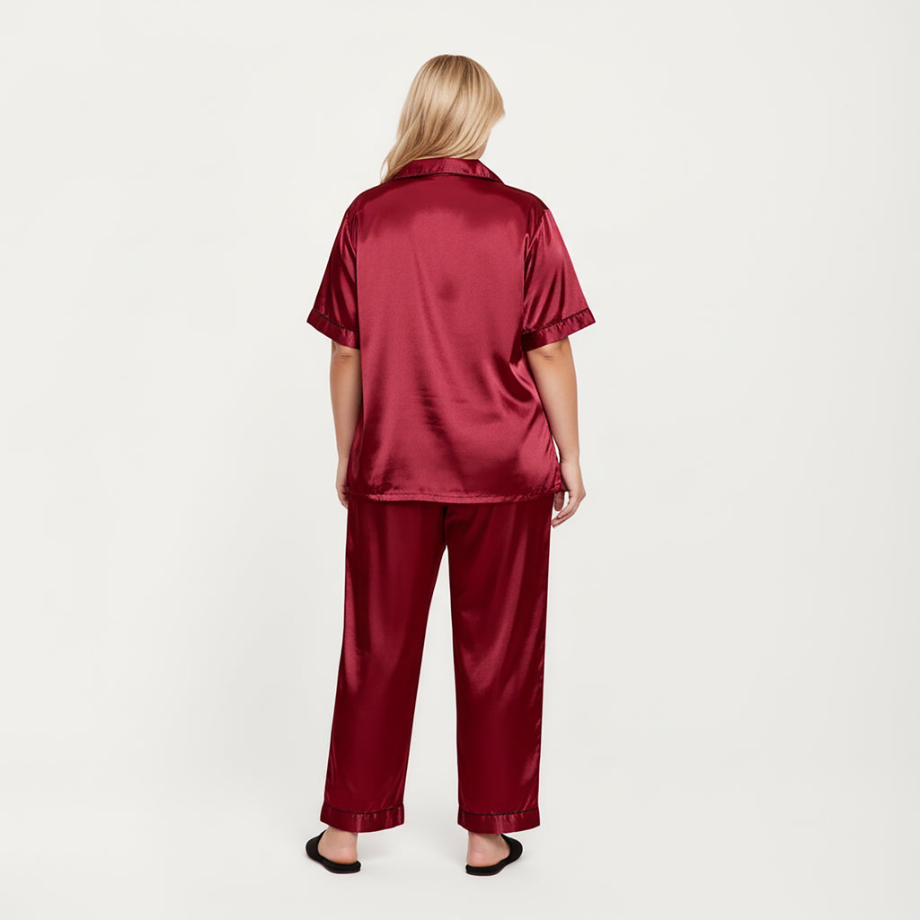 Anna-Kaci Lounge Women's PLus Size Satin Pajama Set with Short Sleeve Button Front Top and Relaxed Straight Leg Pants