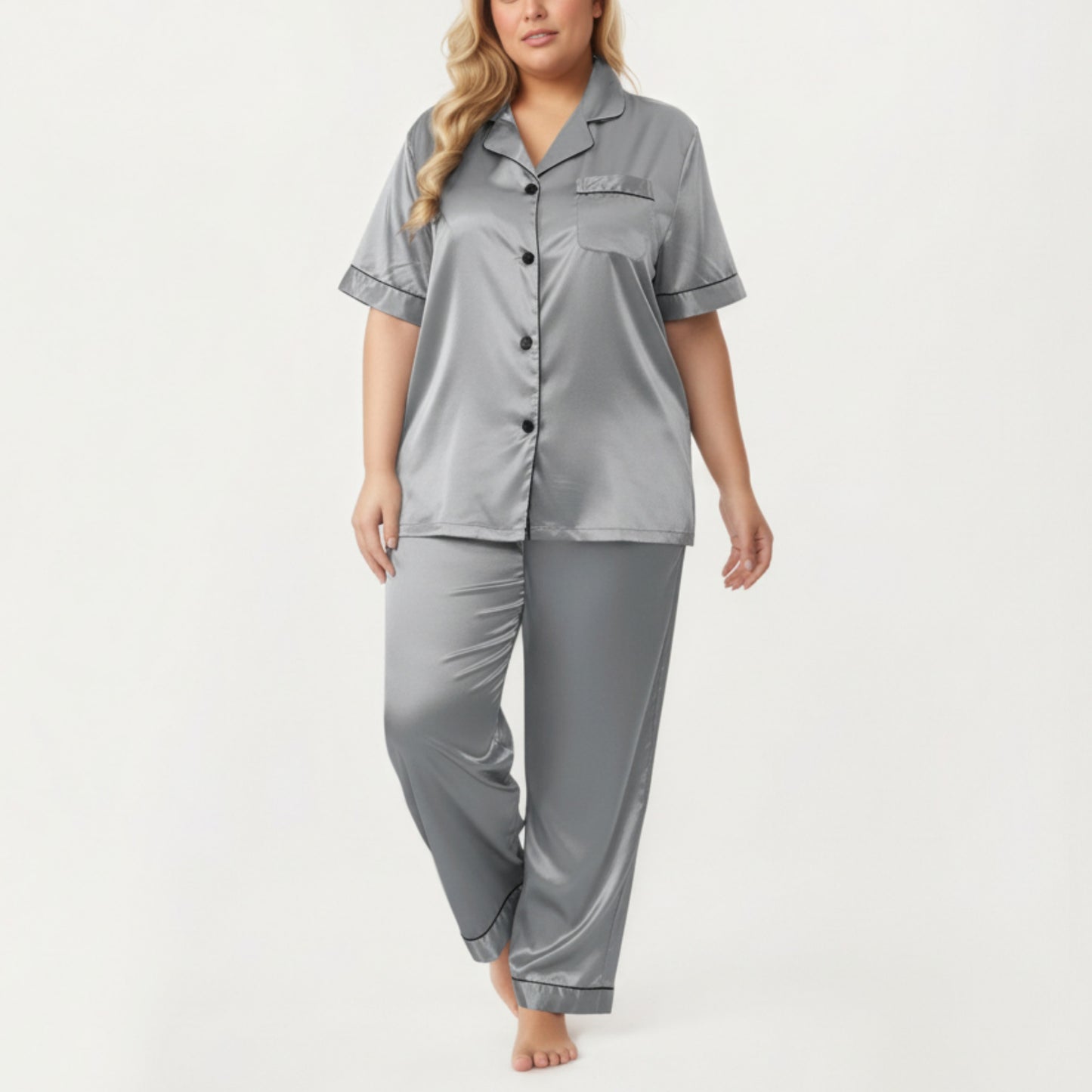 Anna-Kaci Lounge Women's PLus Size Satin Pajama Set with Short Sleeve Button Front Top and Relaxed Straight Leg Pants