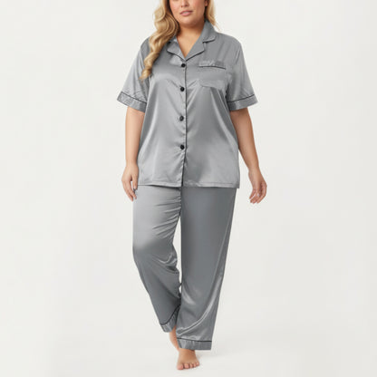 Anna-Kaci Lounge Women's PLus Size Satin Pajama Set with Short Sleeve Button Front Top and Relaxed Straight Leg Pants