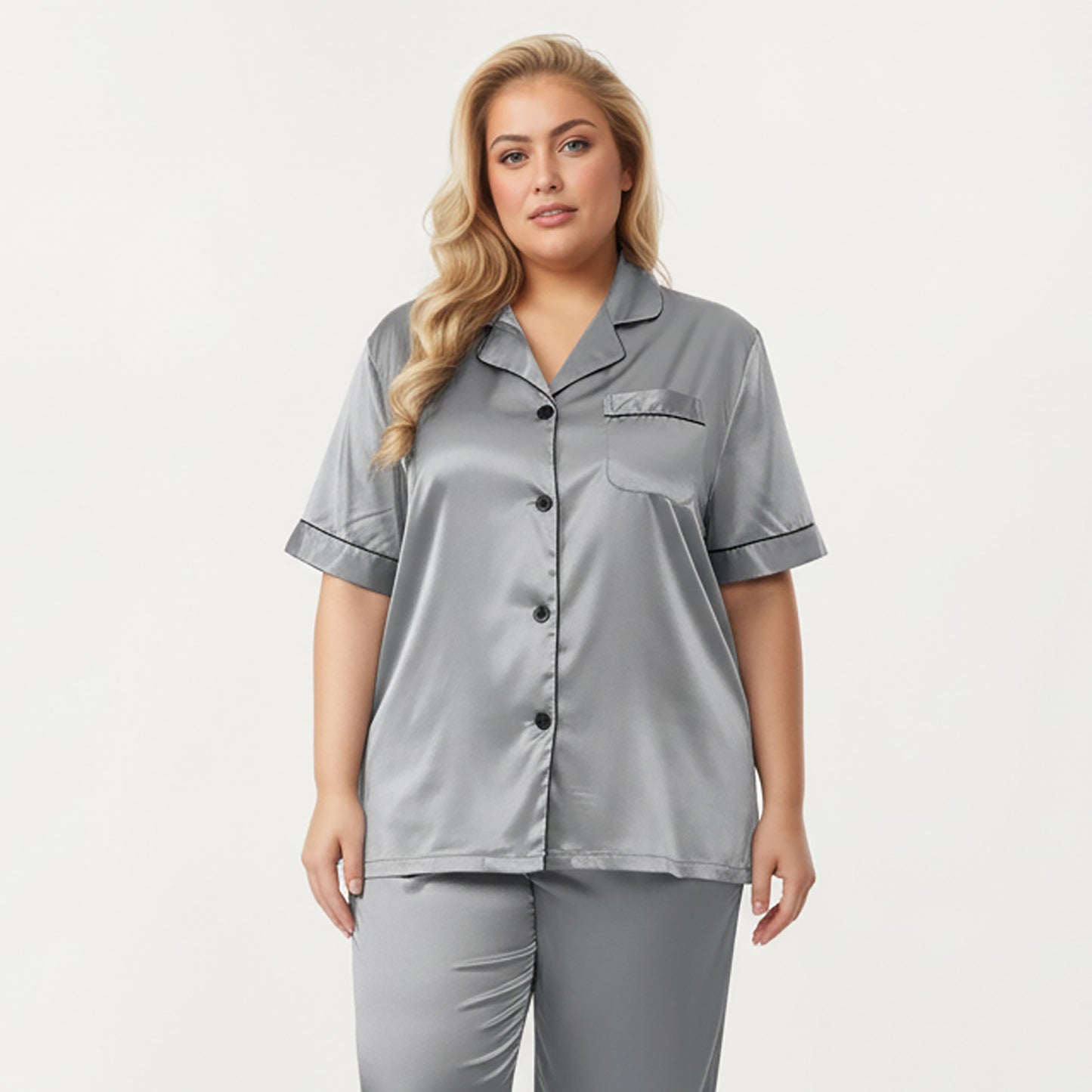 Anna-Kaci Lounge Women's PLus Size Satin Pajama Set with Short Sleeve Button Front Top and Relaxed Straight Leg Pants
