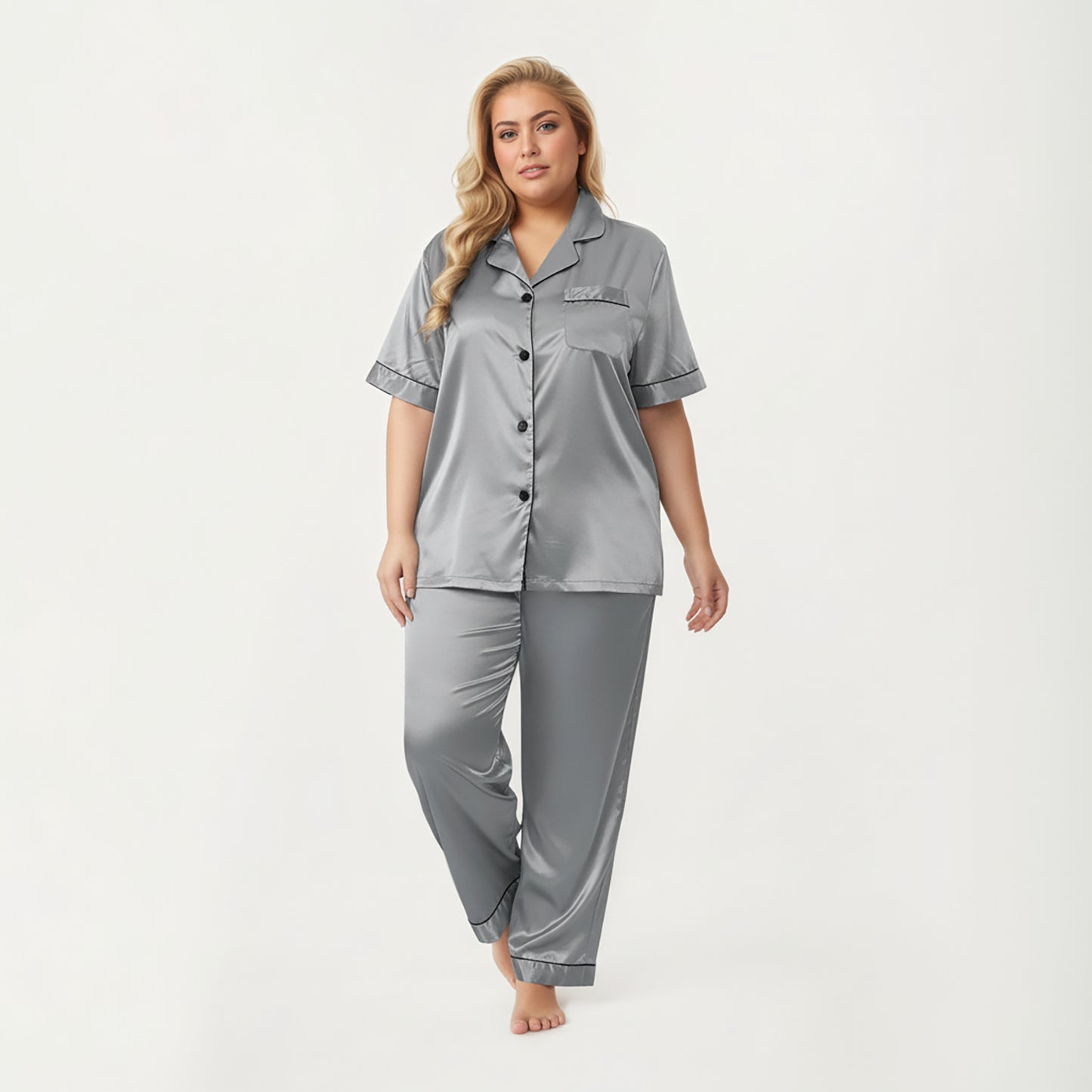 Anna-Kaci Lounge Women's PLus Size Satin Pajama Set with Short Sleeve Button Front Top and Relaxed Straight Leg Pants