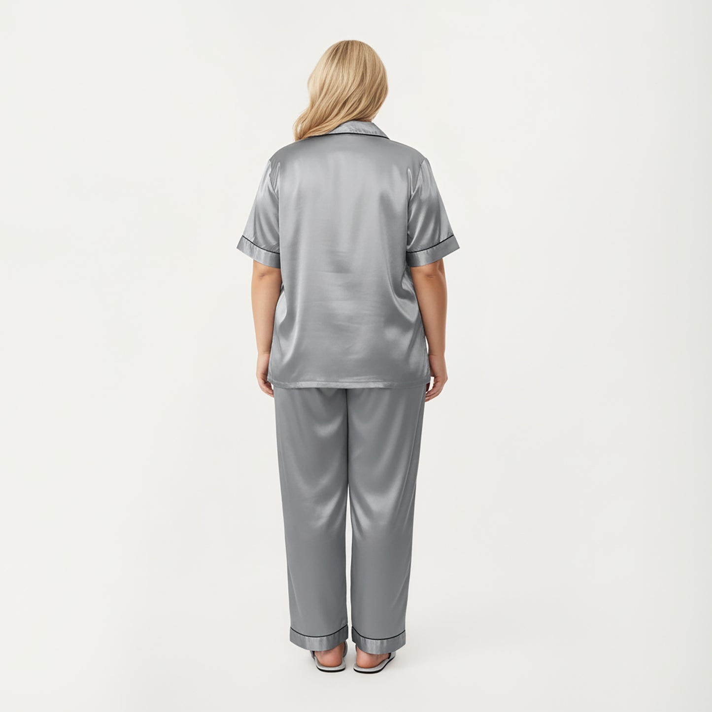 Anna-Kaci Lounge Women's PLus Size Satin Pajama Set with Short Sleeve Button Front Top and Relaxed Straight Leg Pants