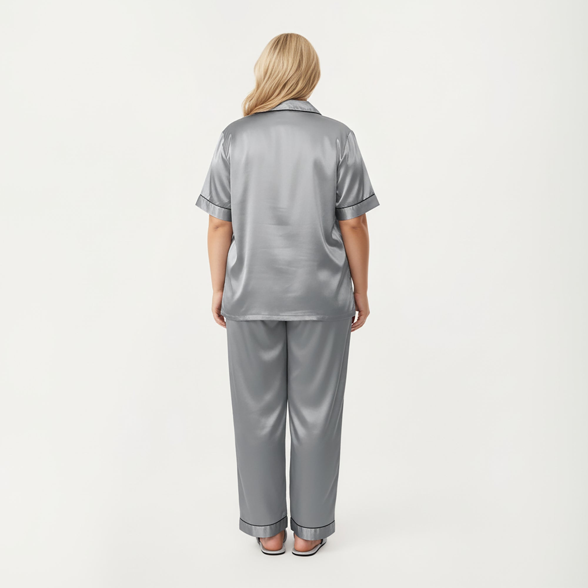 Anna-Kaci Lounge Women's PLus Size Satin Pajama Set with Short Sleeve Button Front Top and Relaxed Straight Leg Pants