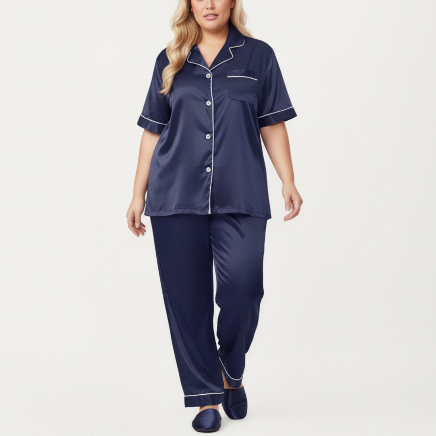 Anna-Kaci Lounge Women's PLus Size Satin Pajama Set with Short Sleeve Button Front Top and Relaxed Straight Leg Pants