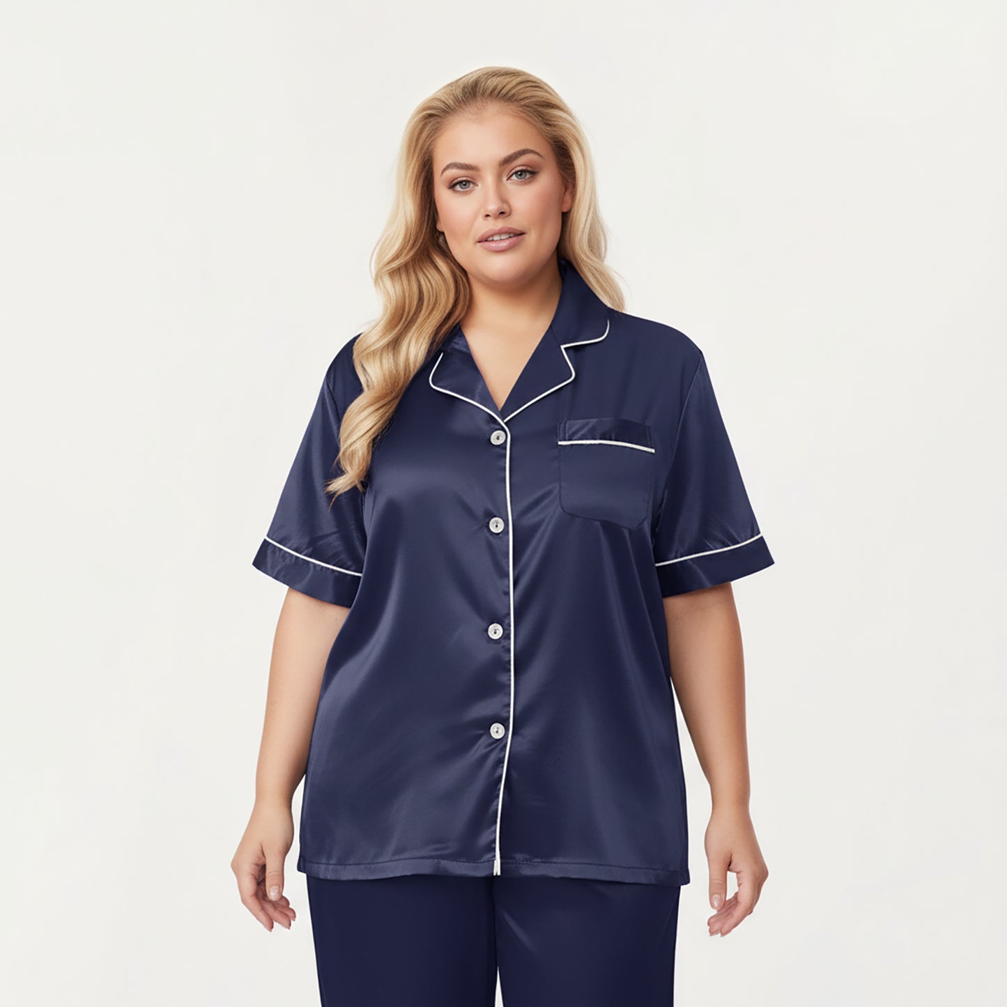 Anna-Kaci Lounge Women's PLus Size Satin Pajama Set with Short Sleeve Button Front Top and Relaxed Straight Leg Pants