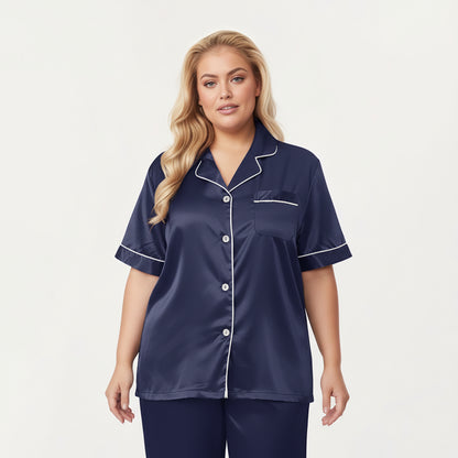 Anna-Kaci Lounge Women's PLus Size Satin Pajama Set with Short Sleeve Button Front Top and Relaxed Straight Leg Pants