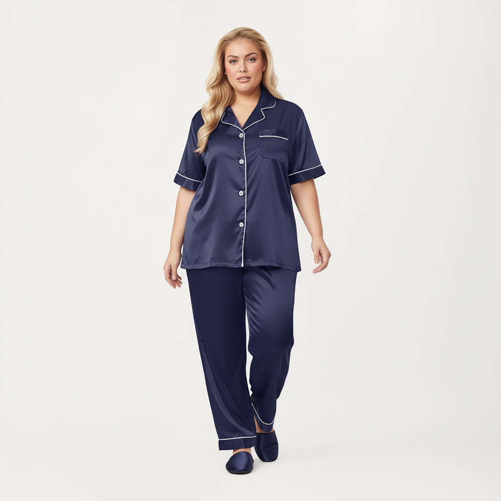 Anna-Kaci Lounge Women's PLus Size Satin Pajama Set with Short Sleeve Button Front Top and Relaxed Straight Leg Pants