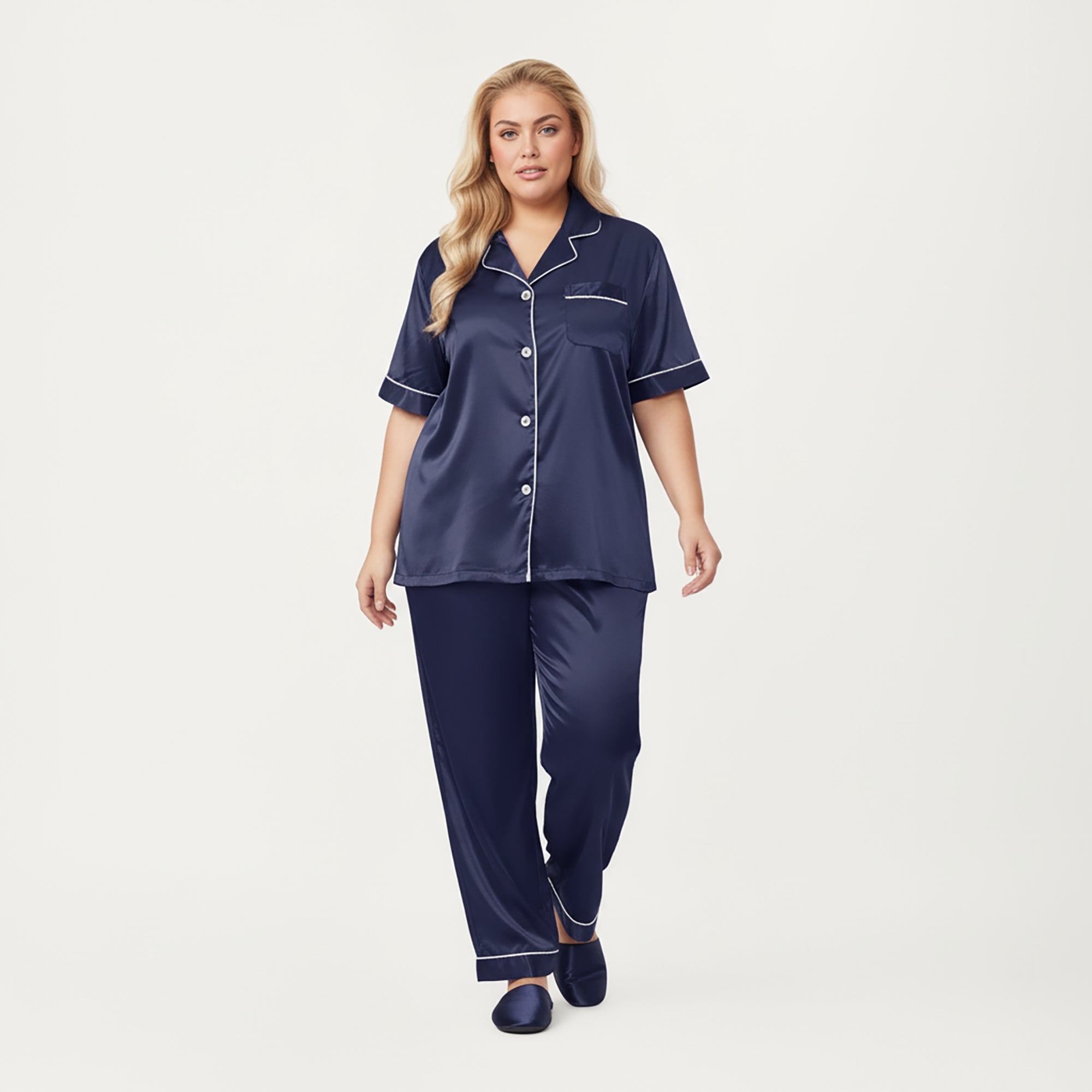 Anna-Kaci Lounge Women's PLus Size Satin Pajama Set with Short Sleeve Button Front Top and Relaxed Straight Leg Pants