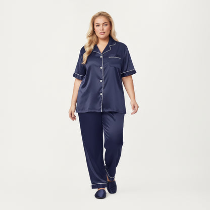 Anna-Kaci Lounge Women's PLus Size Satin Pajama Set with Short Sleeve Button Front Top and Relaxed Straight Leg Pants