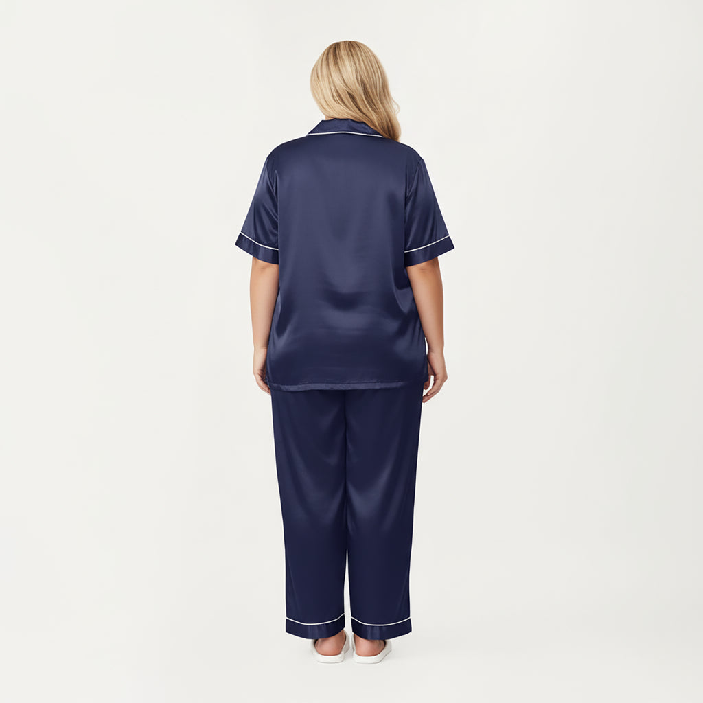 Anna-Kaci Lounge Women's PLus Size Satin Pajama Set with Short Sleeve Button Front Top and Relaxed Straight Leg Pants