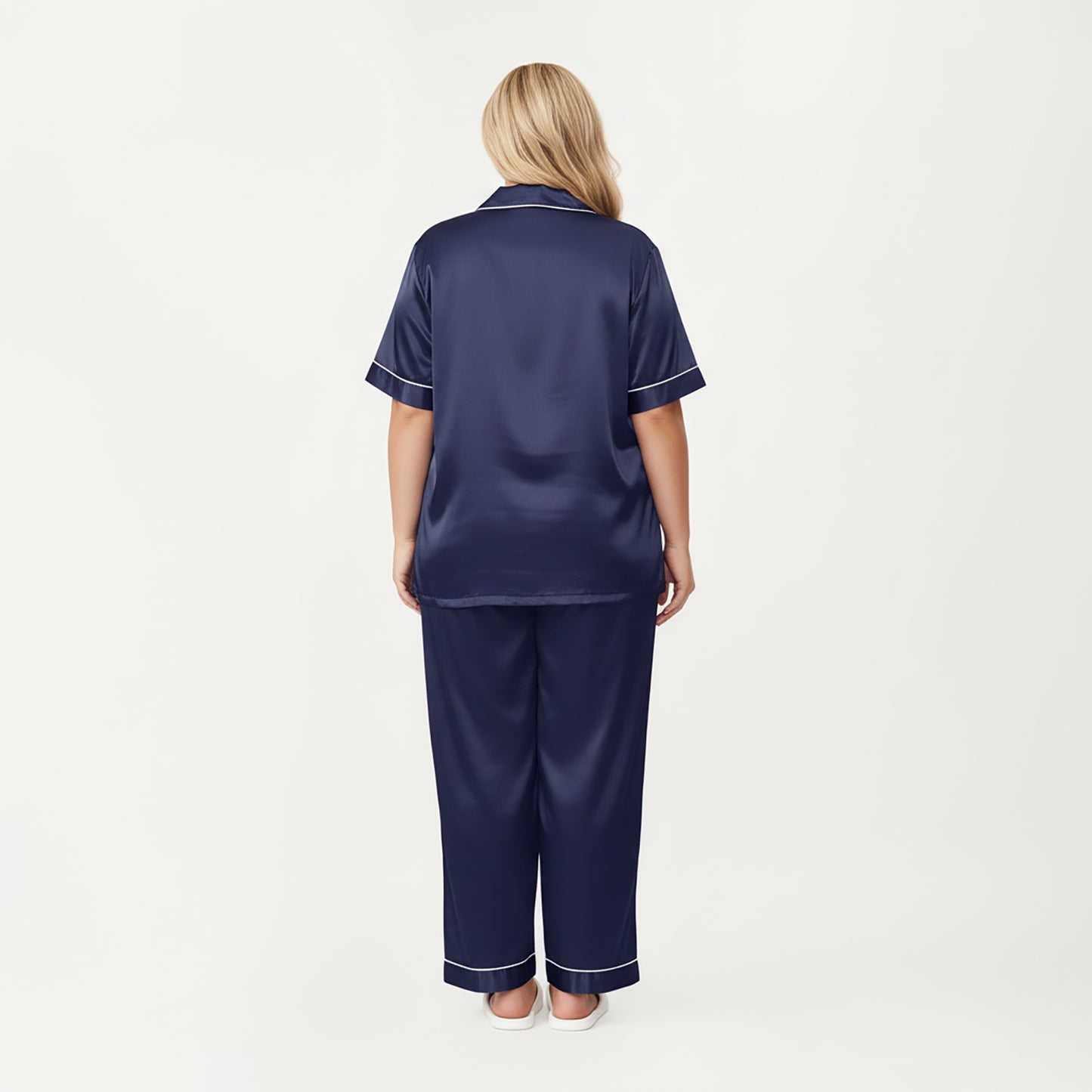 Anna-Kaci Lounge Women's PLus Size Satin Pajama Set with Short Sleeve Button Front Top and Relaxed Straight Leg Pants