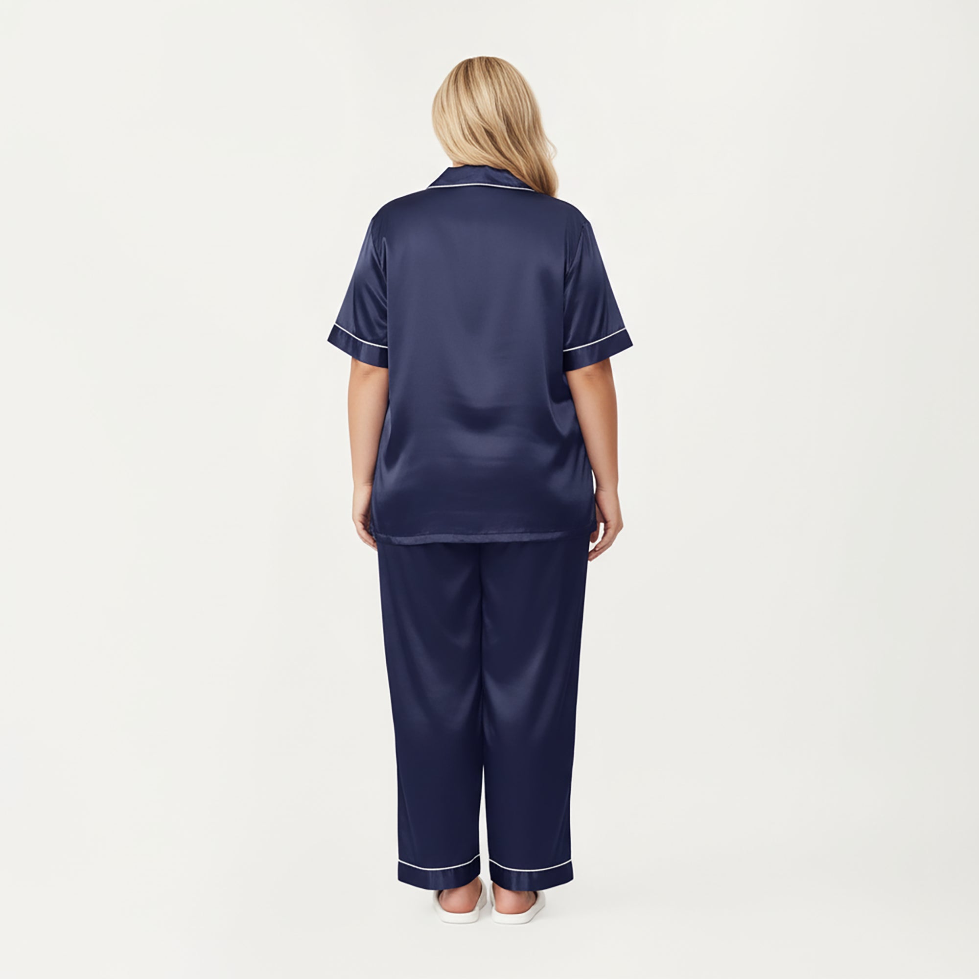 Anna-Kaci Lounge Women's PLus Size Satin Pajama Set with Short Sleeve Button Front Top and Relaxed Straight Leg Pants