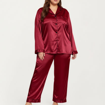 Anna-Kaci Lounge Women's PLus Size Satin Pajama Set with Long Sleeve Button Front Top and Relaxed Straight Leg Pants