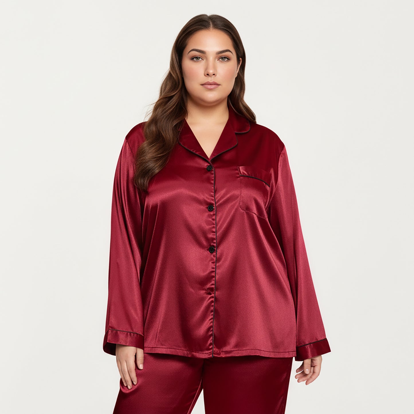 Anna-Kaci Lounge Women's PLus Size Satin Pajama Set with Long Sleeve Button Front Top and Relaxed Straight Leg Pants