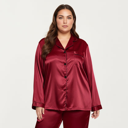 Anna-Kaci Lounge Women's PLus Size Satin Pajama Set with Long Sleeve Button Front Top and Relaxed Straight Leg Pants