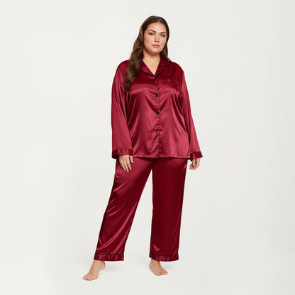 Anna-Kaci Lounge Women's PLus Size Satin Pajama Set with Long Sleeve Button Front Top and Relaxed Straight Leg Pants