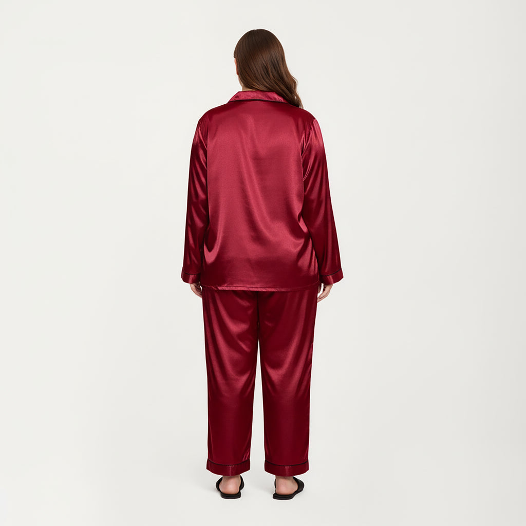Anna-Kaci Lounge Women's PLus Size Satin Pajama Set with Long Sleeve Button Front Top and Relaxed Straight Leg Pants