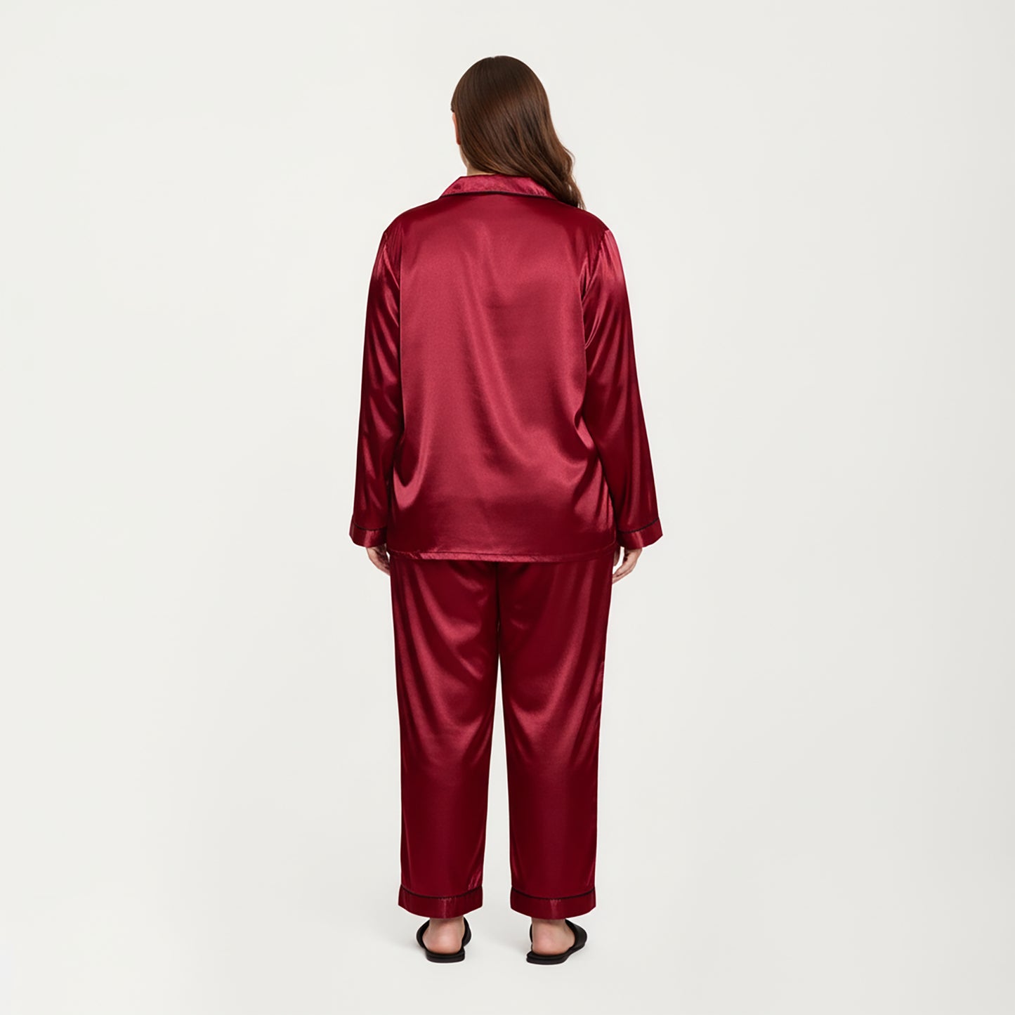 Anna-Kaci Lounge Women's PLus Size Satin Pajama Set with Long Sleeve Button Front Top and Relaxed Straight Leg Pants