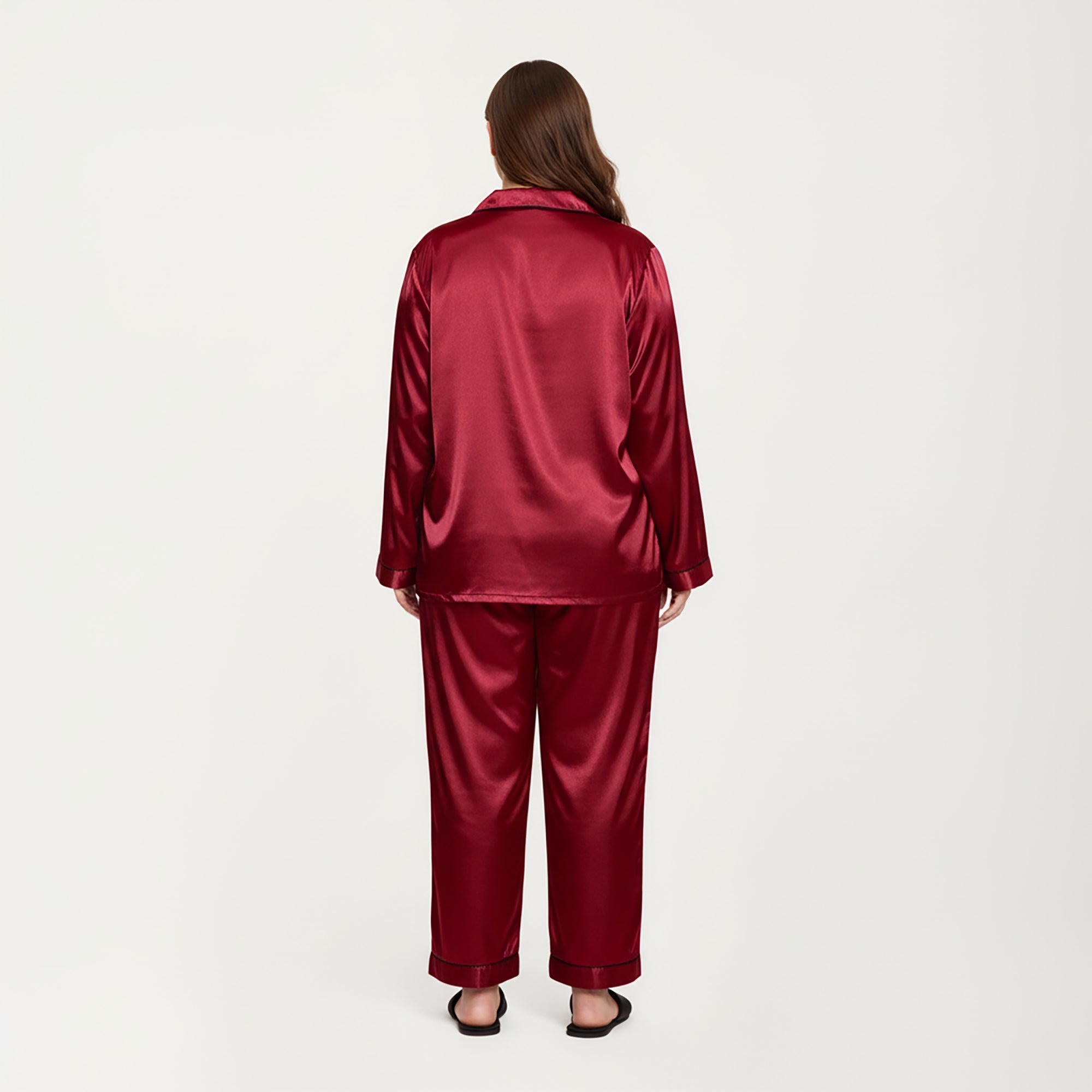 Anna-Kaci Lounge Women's PLus Size Satin Pajama Set with Long Sleeve Button Front Top and Relaxed Straight Leg Pants