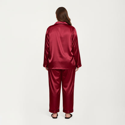 Anna-Kaci Lounge Women's PLus Size Satin Pajama Set with Long Sleeve Button Front Top and Relaxed Straight Leg Pants