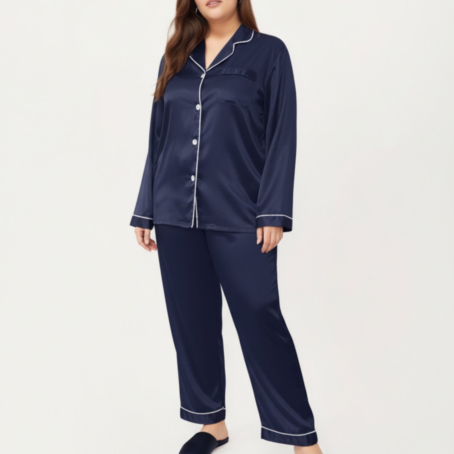 Anna-Kaci Lounge Women's PLus Size Satin Pajama Set with Long Sleeve Button Front Top and Relaxed Straight Leg Pants