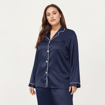 Anna-Kaci Lounge Women's PLus Size Satin Pajama Set with Long Sleeve Button Front Top and Relaxed Straight Leg Pants