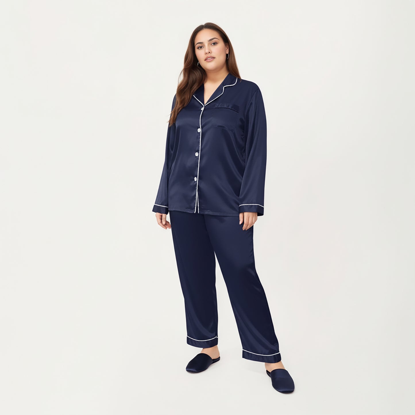 Anna-Kaci Lounge Women's PLus Size Satin Pajama Set with Long Sleeve Button Front Top and Relaxed Straight Leg Pants
