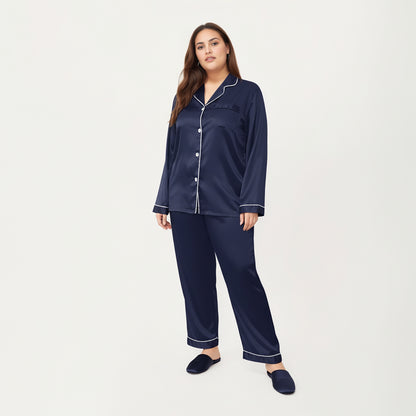 Anna-Kaci Lounge Women's PLus Size Satin Pajama Set with Long Sleeve Button Front Top and Relaxed Straight Leg Pants