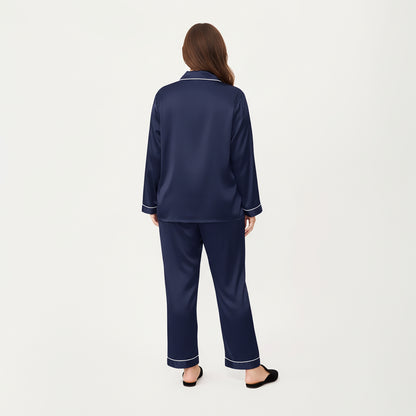 Anna-Kaci Lounge Women's PLus Size Satin Pajama Set with Long Sleeve Button Front Top and Relaxed Straight Leg Pants