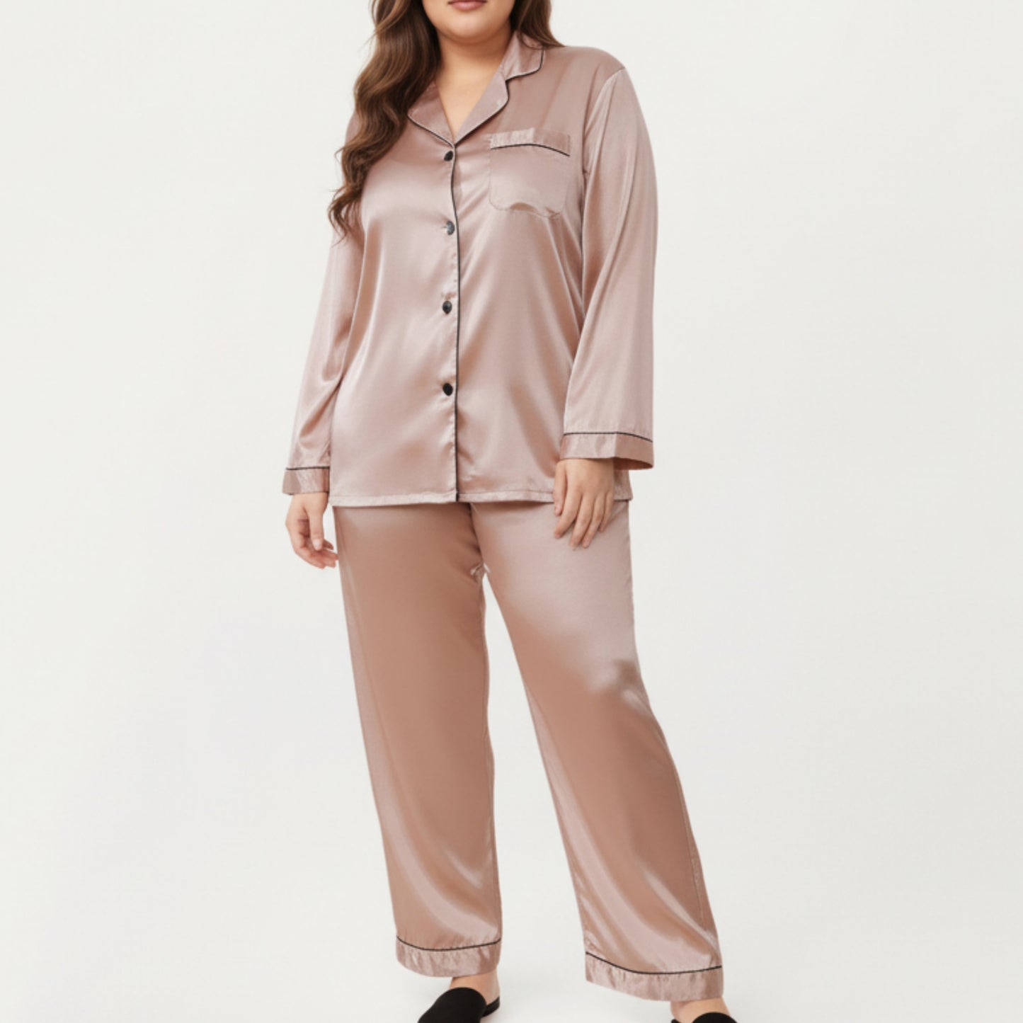 Anna-Kaci Lounge Women's PLus Size Satin Pajama Set with Long Sleeve Button Front Top and Relaxed Straight Leg Pants
