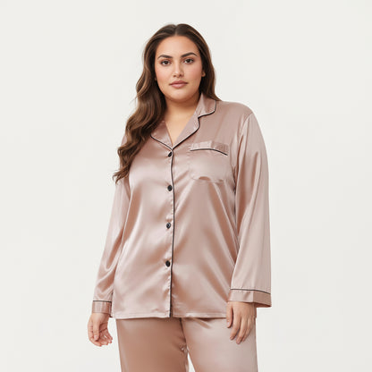 Anna-Kaci Lounge Women's PLus Size Satin Pajama Set with Long Sleeve Button Front Top and Relaxed Straight Leg Pants
