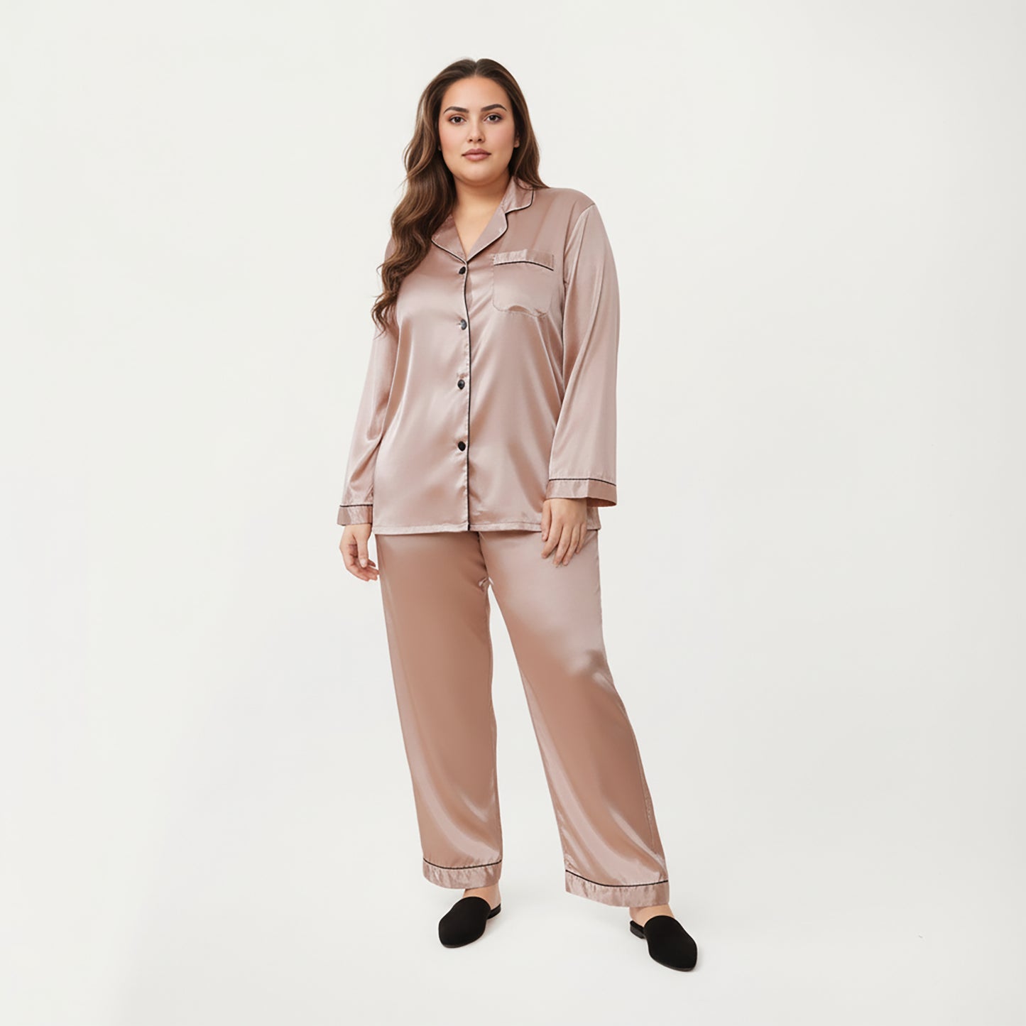 Anna-Kaci Lounge Women's PLus Size Satin Pajama Set with Long Sleeve Button Front Top and Relaxed Straight Leg Pants