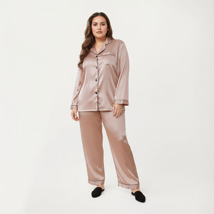 Anna-Kaci Lounge Women's PLus Size Satin Pajama Set with Long Sleeve Button Front Top and Relaxed Straight Leg Pants