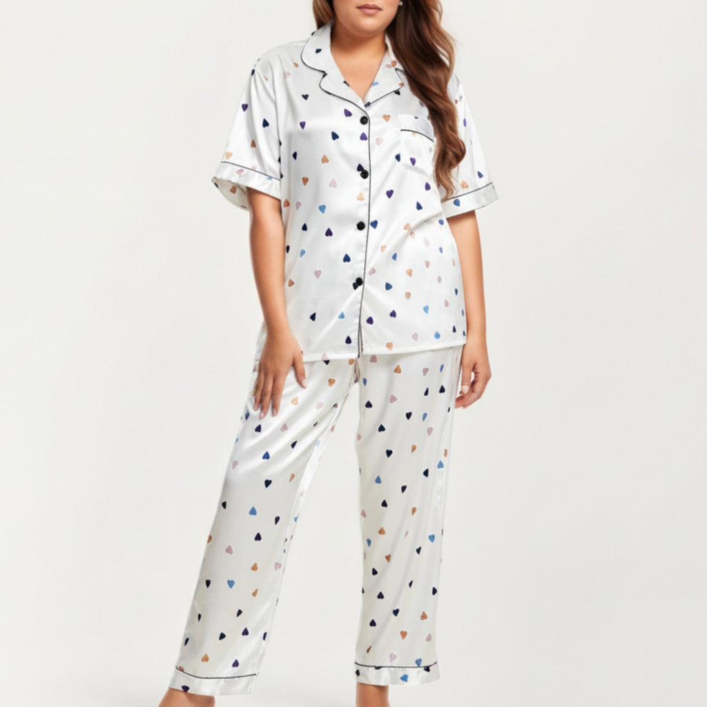 Anna-Kaci Lounge Women's PLus Size Heart Print Satin Pajama Set with Short Sleeve Button Front Top and Relaxed Straight Leg Pants