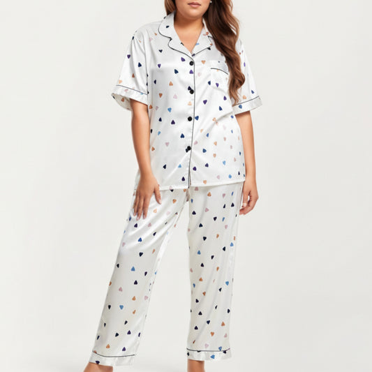 Anna-Kaci Lounge Women's PLus Size Heart Print Satin Pajama Set with Short Sleeve Button Front Top and Relaxed Straight Leg Pants