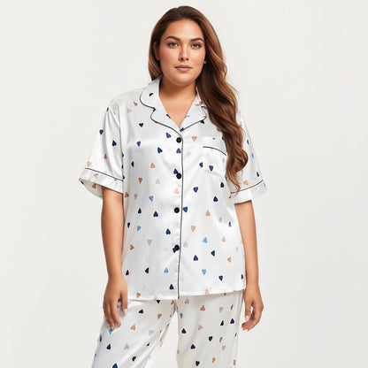 Anna-Kaci Lounge Women's PLus Size Heart Print Satin Pajama Set with Short Sleeve Button Front Top and Relaxed Straight Leg Pants