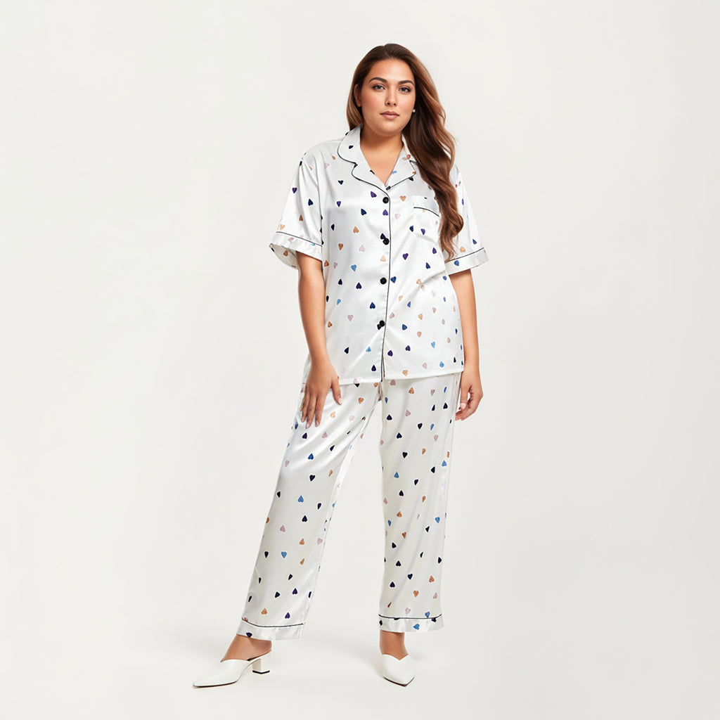 Anna-Kaci Lounge Women's PLus Size Heart Print Satin Pajama Set with Short Sleeve Button Front Top and Relaxed Straight Leg Pants