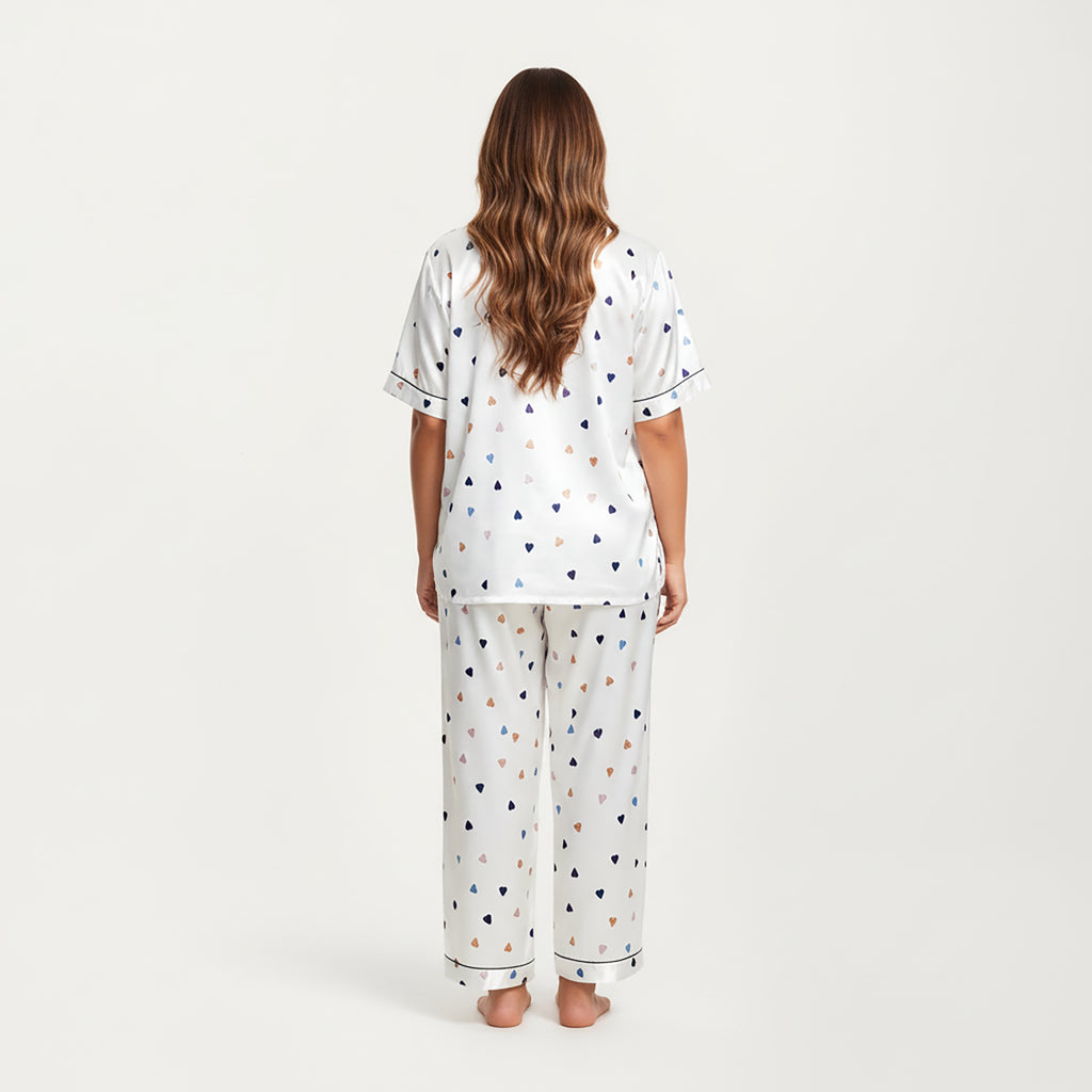 Anna-Kaci Lounge Women's PLus Size Heart Print Satin Pajama Set with Short Sleeve Button Front Top and Relaxed Straight Leg Pants