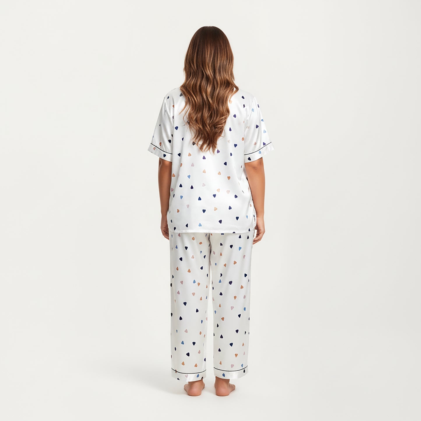 Anna-Kaci Lounge Women's PLus Size Heart Print Satin Pajama Set with Short Sleeve Button Front Top and Relaxed Straight Leg Pants