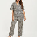 Anna-Kaci Lounge Women's PLus Size Leopard Print Pajama Set with Soft Satin Finish Relaxed Button Front Top and Straight Leg Pants