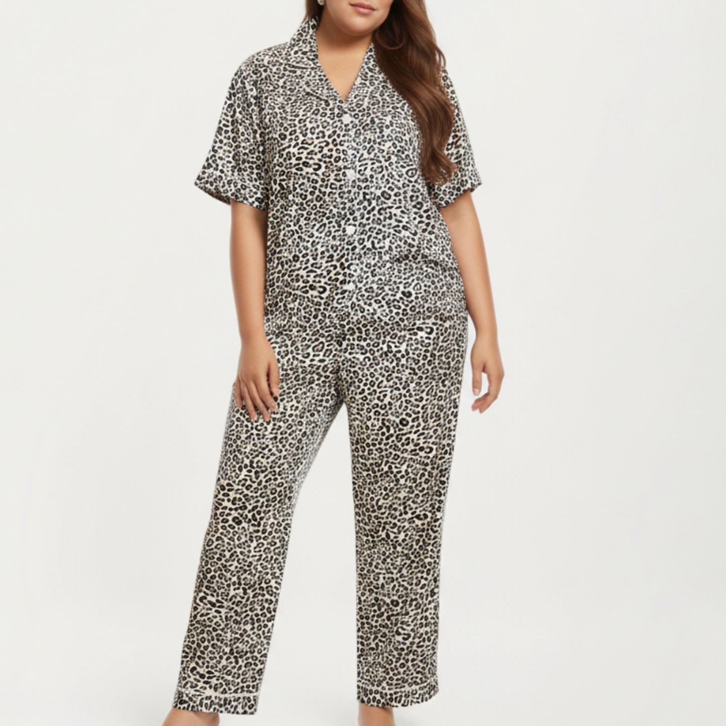 Anna-Kaci Lounge Women's PLus Size Leopard Print Pajama Set with Soft Satin Finish Relaxed Button Front Top and Straight Leg Pants